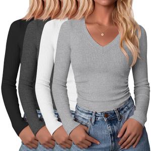 4 Pack Womens Cotton Ribbed Tops | V Neck, Slim Fitted, Layering, Fall, Basic, Knit, Soft, Long Sleeve, Comfy, Versatile, Trendy, Casual, Lightweight, Cozy (Gray, L)