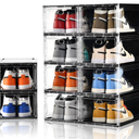 Amllas 10 Pack Shoe Boxes Stackable,Upgraded Sturdy Storage Boxes with Clear Magnetic Door,Multifunctional Sneaker Organizer Fit up to US Size 12 (13.8”x 9.84”x 7.1”)