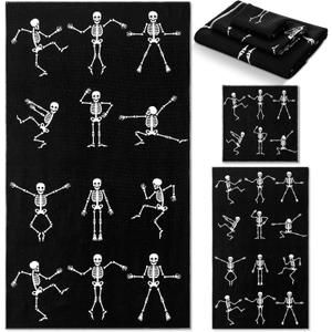 Preboun 3 Pack Halloween Skull Bathroom Towels Set Halloween Hand Towels for Bathroom Skeleton Bath Towels Dancing Skeleton Body Dish Towels Absorbent Fingertip Towel for Kitchen Hotel Beach Gym Spa (Black, White)