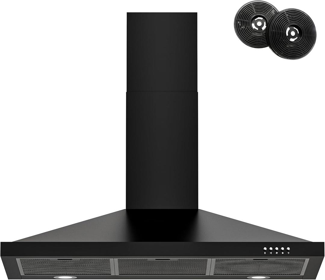 FIREGAS Black Range Hood 36 inch with Ducted Convertible Ductless, Kitchen Wall Mount Chimney-Style Over Stove Vent, 3 Speed Exhaust Fan, LED Lights
