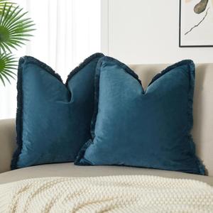 JUSPURBET Pack of 2 Prussian Decorative Fringe Velvet Throw Pillow Covers 24x24 for Home Decor Living Room Bedroom Car Boho Soft Cushion Cover with Hidden Zipper Machine Washable