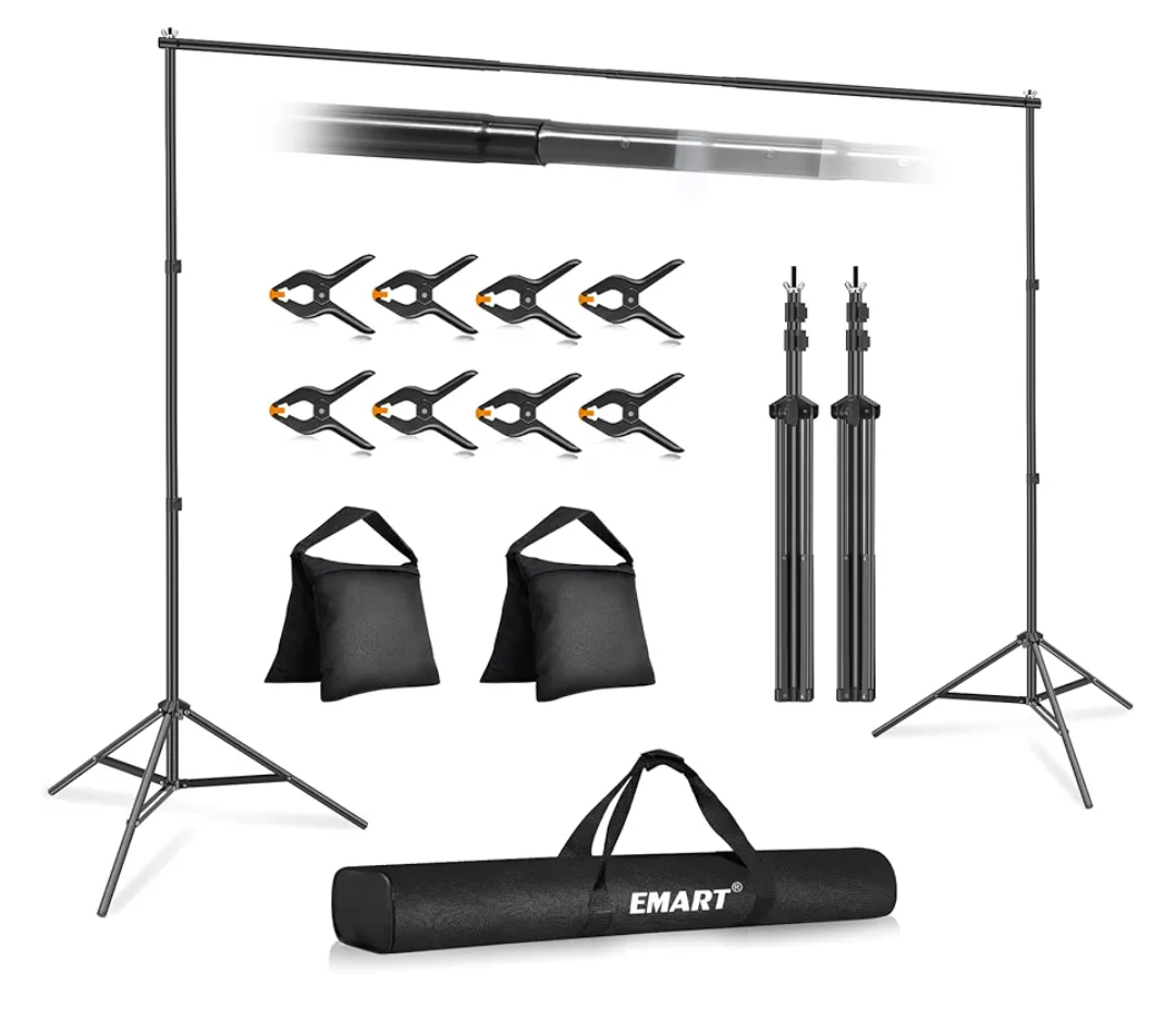 EMART Backdrop Stand 10x7ft(WxH) Photo Studio Adjustable Background Stand Support kit with 2 Crossbars, 8 Clamps, 2 Sandbags and Carry Bag for Parties, Events Decoration, Wedding, Photography