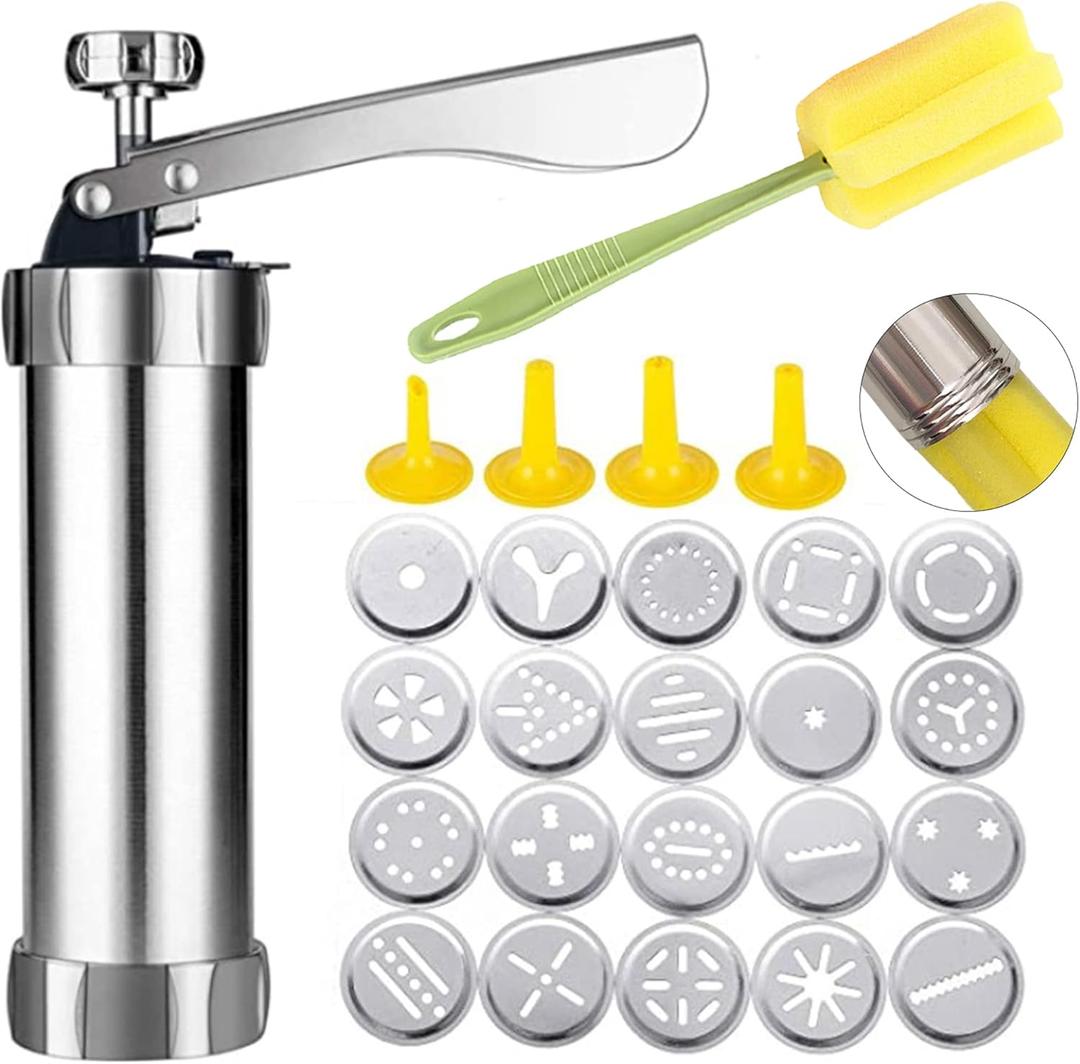 Spritz Cookie Press Gun Kit, Stainless Steel Biscuit Press Cookie Gun Set with 20 Cookie discs and 4 nozzles for DIY Biscuit Maker and Churro Maker