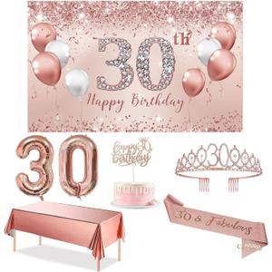Trgowaul 30th Birthday Decorations Party Set for Women, Rose Gold 30 Birthday Banner and Tablecloth, 30 & Fabulous Sash and Crown, 1PC Happy 30th Birthday Cake Topper, Pink Gold 30 Number Balloons