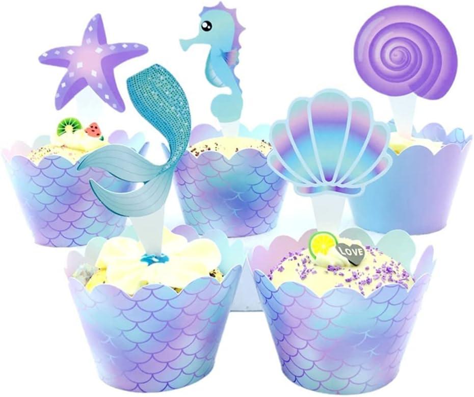 40 Pcs Mermaid Cupcake Wrappers Toppers, Include 20pcs Cake Topper and 20pcs Wrappers Double Side, Little Mermaid Theme Decoration, Under The Sea Birthday Baby Shower Party Favor
