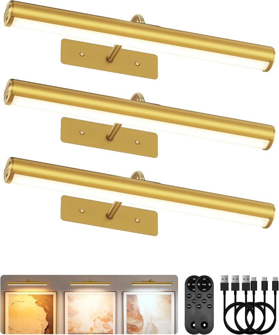 EZVALO 16" Picture Lights for Wall, Rechargeable 6000mAh Painting Lights with Remote, Wireless Dimmable 3 Color Temperatures Art Lights for Gallery, Living Room, Hallway (Gold, 3 Pack) (Black)