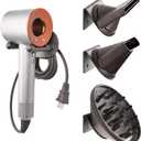 Hair Dryer Holder for Dyson with 3 Attachment Holder Universal Hair Dryer Holder Stand Self Adhesive Aluminum Blow Dryer Holder Rack with Cable and Accessories Storage Gray