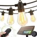addlon 102FT(96+6) Solar String Lights Outdoor Waterproof with USB Charging & Remote Control - Dimmable Solar Power Patio Lights with LED Bulbs for Porch, Garden, Yard, Market, Bistro - Lasts 20+ Hrs