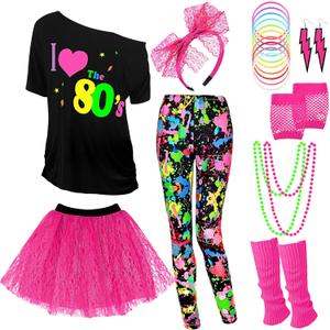 Vabean 19 Pcs 80s Costume Set T Shirt Leggings Tutu Skirt Headband Necklace Bracelets Earrings Gloves Leg Warmers for Women (M)