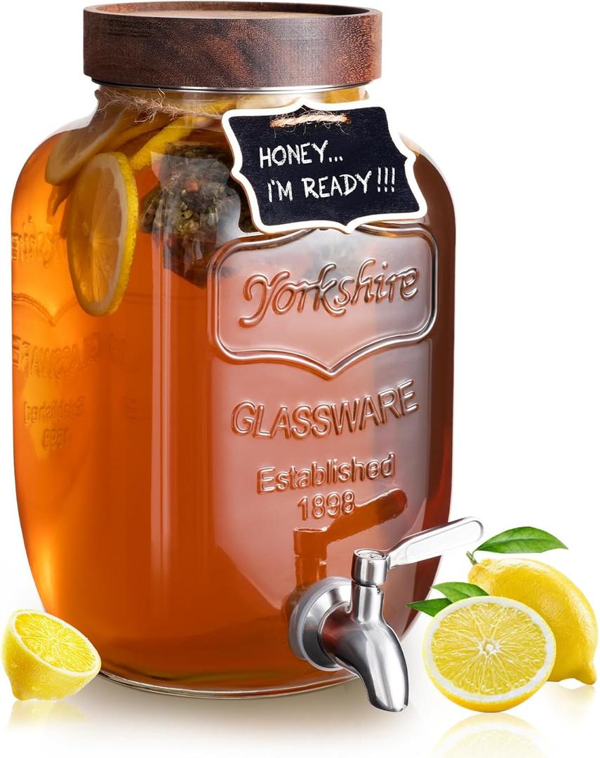 Mustry Glass Drink Dispenser for Parties, 1 Gallon Beverage Dispenser with Spigot Solid Stainless Steel, Used as Lemonade Dispenser Sun Tea Jar Kombucha Jar (Single)