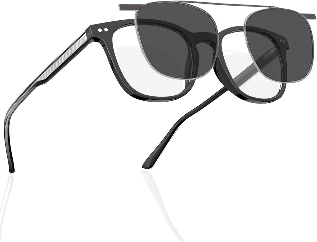 DEHOTRE Non Prescription Glasses Eyeglasses Men with Magnetic Clip On TAC Polarized Sunglasses Acetate Frame Clear Lens (Black)