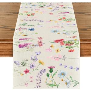 Wildflowers Floral Table Runner, Summer Fall Table Decoration with Meadow Grass and Botanical Print for Kitchen Dining Table or Home Party, 13x75 Inch