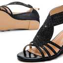 Women Wedge Sandals Sparkly Rhinestone Open Toe Fashion Dressy Sandals Evening Wedding Prom Shoes (Black, S)