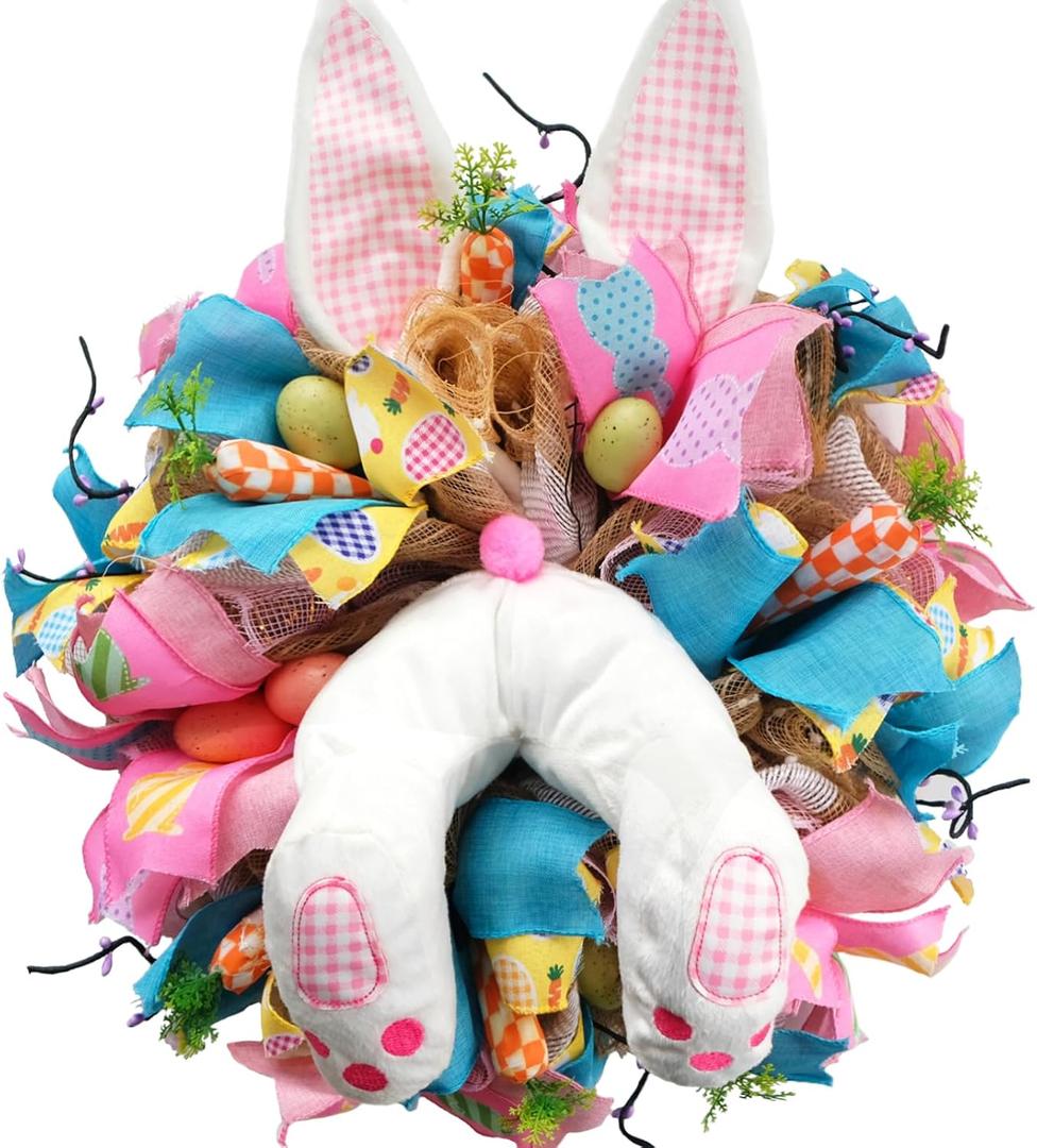 16 Inch Easter Bunny Ears Butt Wreath for Front Door, Bunny Thief Carrots Eggs Mesh Deco Wreath for Spring Easter Decoration, Lovely Bunny for Home Decor Porch Door and Wall
