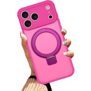 AIGOMARA Phone Case for iPhone 17 Pro 6.3 Inch [Compatible with MagSafe] Hot Pink Magnetic Kickstand Case with Screen Protector Soft TPU + Hard PC Shockproof Phone Cover for Women Men