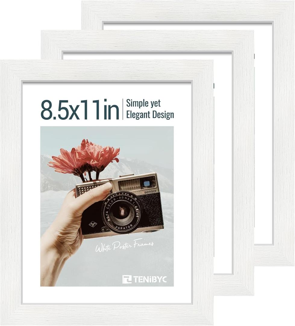 8.5 by 11 Picture Frame Set of 3 - White Woodgrain, Solid Wood & HD Tempered Glass, Table Display or Wall Hanging