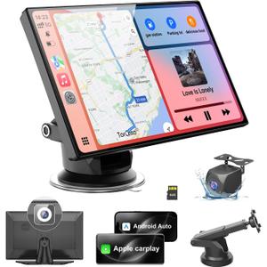 HK9 Carplay Screen for Car, 9" HD Portable Apple Carplay & Android Auto Screen, with 4K Dash Cam & 1080P Backup Camera, Upgrade Car Play Touchscreen, GPS Navigation/Siri/Mirror Link/Bluetooth/FM
