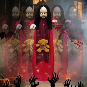 Outdoor Hanging Swinging Girl Halloween Decorations,Lighted Creepy Doll Halloween Dolls Scary Props for Garden Yard Lawn and Haunted House Decorations