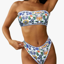 ZAFUL Women Strapless Textured Bandeau Bikini 2 Piece Swimwear Cheeky Solid Lace up Bathing Suits size L