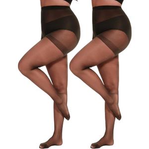 Citystl 2 Pairs Plus Size Sheer Tights for Women - 20D Black Tights Control Top Pantyhose with Reinforced Toes, Supple Feel (X-Large Plus, Caffeine)