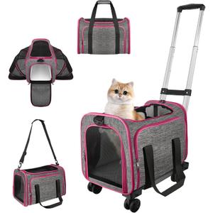 Pet Carrier with Wheels Up to 33 lbs Airline Approved Cat Carrier Rolling Pet Carrier w/Removable Wheels & Expandable Side Washable Plush Mat Pet Travel Carrier with Telescopic Handle & Shoulder Strap