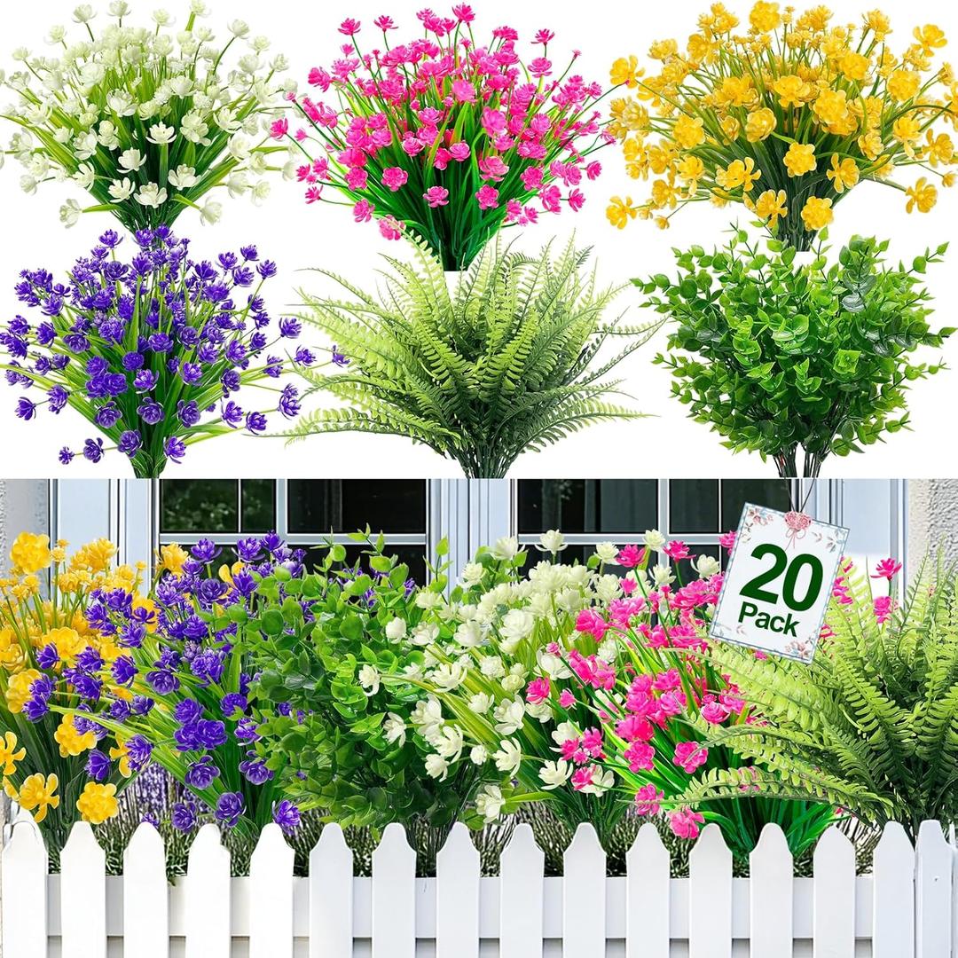 TURNMEON 20 Bundles Artificial Flowers for Outdoors, Summer Spring Grass Camellia Fake Flowers Fern Plants Eucalyptus, UV Resistant No Fade Faux Greenery for Gardens Cemetery Decor(Mixed 6 Styles 2)