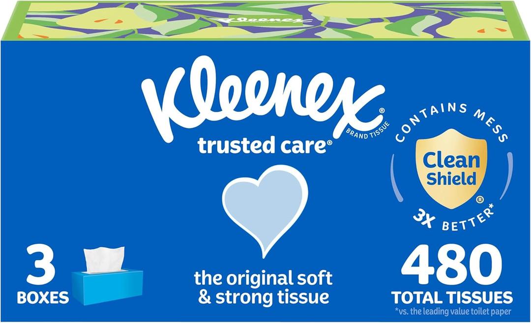 Kleenex Trusted Care Facial Tissues, 3 Flat Boxes, 160 Tissues per Box, 2-Ply (480 Total), Packaging May Vary (White)