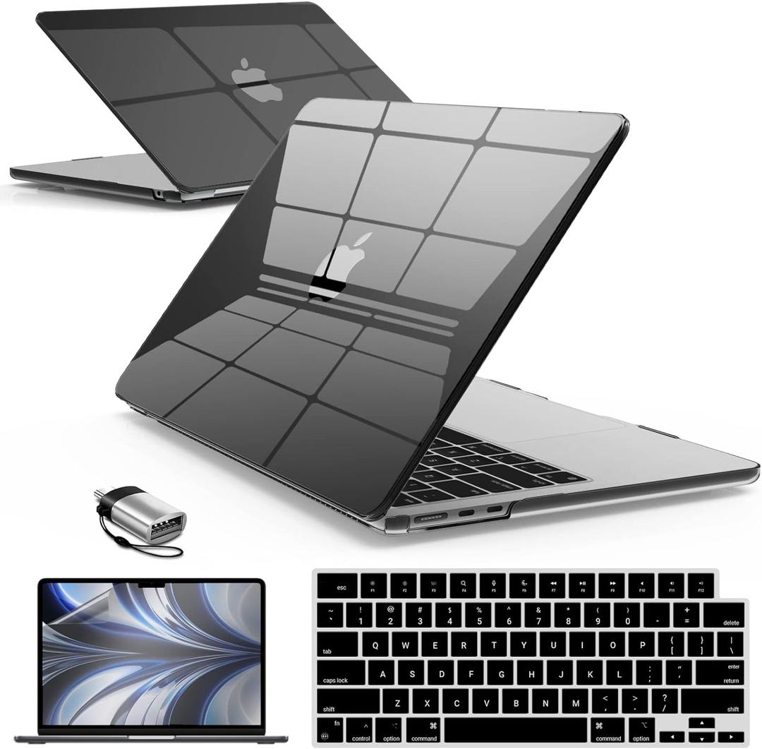 IBENZER Compatible with 2025 2024 2023 2022 MacBook Air 13 inch Case M4 A3240 M3 A3113 M2 A2681, Hardshell Case & KeyboardCover & ScreenFilm & Type-C for Mac Air 13.6, Crystal Black, AT13-KK-CYBK+2TC (For Macbook Air 13.6" M4 A3240 M3 A3113 M2 A2681)