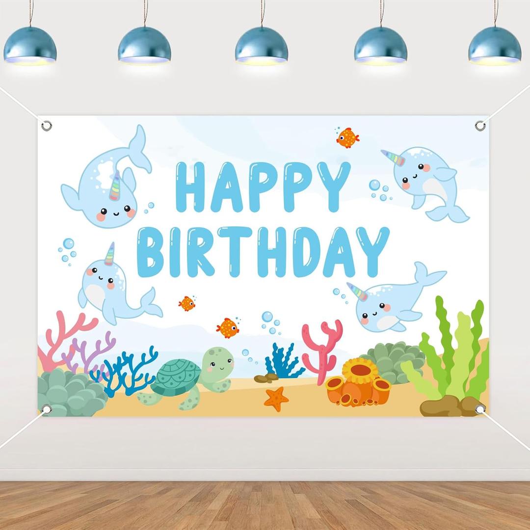 Narwhal Birthday Decoration, Narwhal Happy Birthday Backdrop Banner 53ft Under The Sea Background Prop for Sea Ocean Marine Animal Birthday Party Decoration