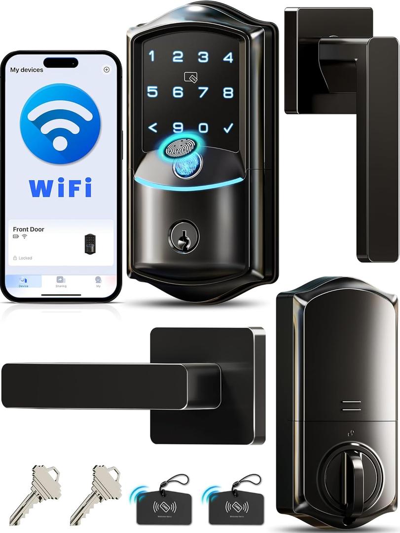 Veise VE027-L Built-in WiFi Smart Door Lock with Lever Handle Set, Fingerprint keyless Entry Door Lock, App Remote Control, Electronic Digital Keypad Deadbolt for Front Door, Auto Lock, Matte Black