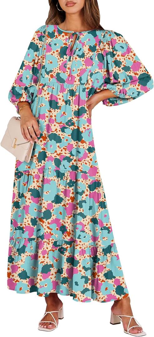 ANRABESS Womens Boho Maxi Dresses 2024 Summer V Neck Puff Sleeve Floral Flowy Swing Casual Long Dress Beige Teal Floral X-Large