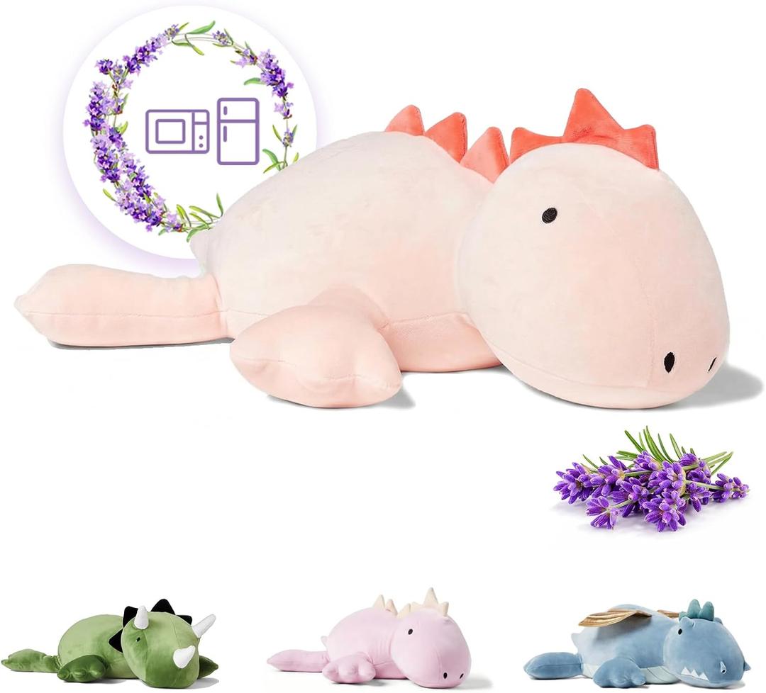 KOWSI Microwavable Heating Pad Pink Stegosaurus Plush - 1.4 Lb Weighted Stuffed Animal Toy with Tourmaline Beads & Lavender - 16" Squished Long Dinosaur Pillow - Lumbar Back Cushion Lasting Warmth (Coral Peach Spike Dino)
