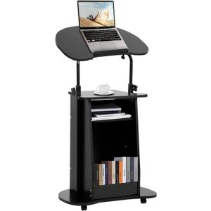 bimiti Mobile Lectern Podium Stand Height Adjustable Sit-to-Stand Desk with Tilting Desktop & Storage Cabinet Rolling Lectern Cart Laptop Desk on Wheels, Podium Stand for Classroom Church Home Office