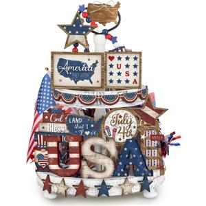 25 Pcs 4th of July Tiered Tray Decorations Set Wood Patriotic Decoration Rustic American Flag Star Red White Blue Farmhouse Decor for Memorial Day 250th Anniversary Home Indoor Birthday Party (Stylish)