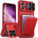 SSLOTSCASE for iPhone 17 Pro Max Case with Credit Card Holder & Stand & Slide Lens Cover & Kickstand, MultiFunctional Wallet Sturdy Protective Phone Case Cover for iPhone 17 Pro Max 6.9'' 2025, Red