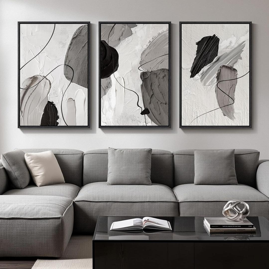 Large Framed Modern Abstract Wall Art for Living Room, 3 Piece Black White Gray Canvas Prints Paintings Artwork for Walls, Minimalist Abstract Pictures for Hallway, Stair, Office Wall Decor 24x36 In (Shades of Grey)