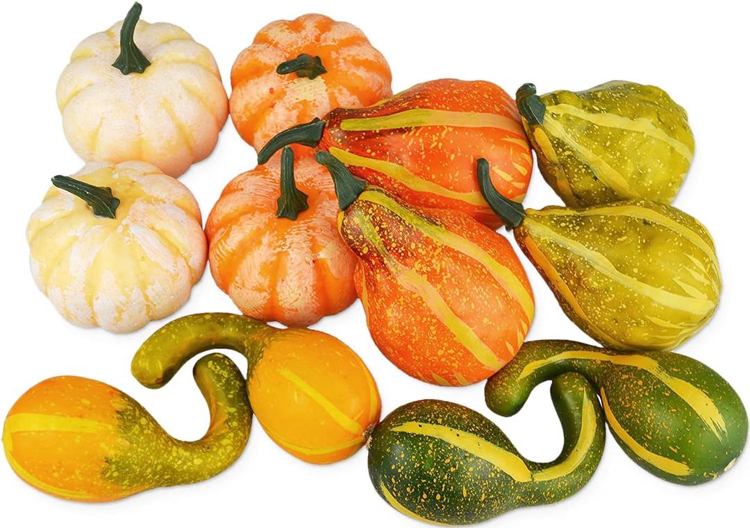 12Pcs Lifelike Simulation Realistic Mixture of Artificial Pumpkins Fake Vegetable Fruit for Home Decoration (12Pcs-Multi Color)