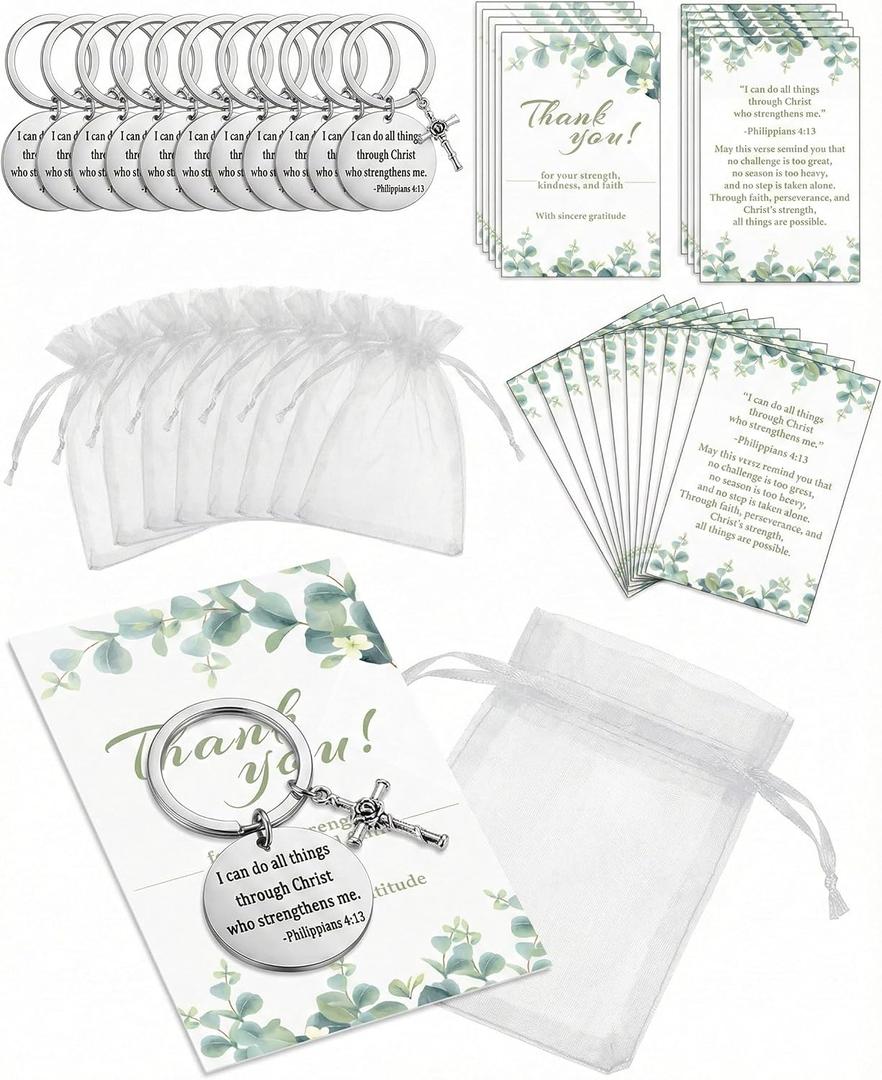 Philippians 4:13 Christian Keychain Gift Set, Metal Scripture Cross Charm, Eucalyptus Thank You Cards, Organza Bags