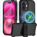 Magnetic for iPhone 16 Plus Case,with Belt Clip,[Compatible with Magsafe] W/Tempered Glass Screen Protector,Anti-Drop,Shockproof,Heavy Duty Protection (Black)