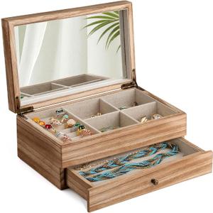 Meangood Jewelry Box Organizer for Women, 2 Layer Large Jewelry Storage Case, Rustic Wooden Jewelry Box with Mirror & Ring Tray for Necklace Earring Bracelets Rings, Vintage Style (Torched Wood)