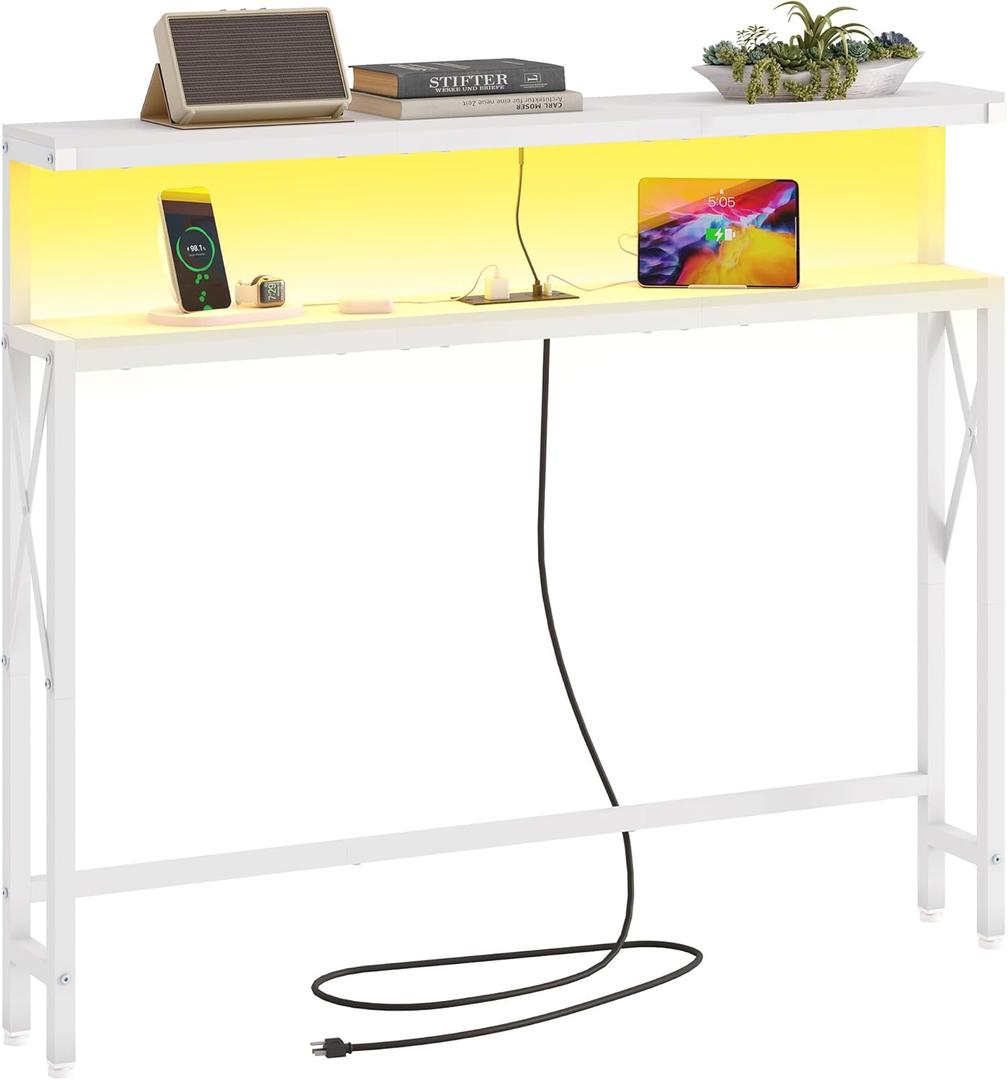 FAVOOSTY 46.8" Skinny Console Table with Charging Station and LED Light,5.9" Narrow Sofa Table with Power Outlets and Type C & USB Port, Behind Couch Table for Living Room, Hallway, EntryWay, White
