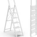 GameGem 6 Step Ladder for 12 Feet High Ceiling, Lightweight Aluminum Folding Step Stool with Convenient Handgrip, Stepladders with Anti-Slip and Wide Pedal for Home Use Space Saving - White
