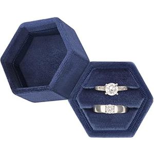 DesignSter Hexagon Velvet Ring Box - Premium Gorgeous Vintage Double Ring Display Holder with Detachable Lid for Proposal, Engagement, Wedding, Ceremony(Blue Fog)