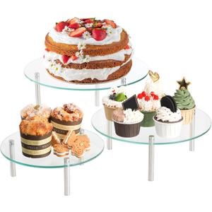 Hacaroa 3 Pcs Tempered Glass Cupcake Stands for Party, 9,11,12.6 Inch Round Food Display Stand Clear Retail Risers for Cakes, Desserts, Pastries, Appetizers