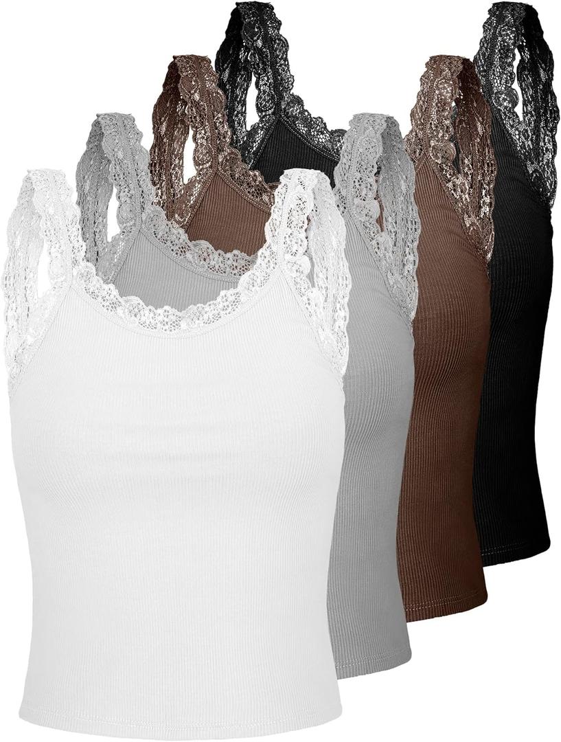 4 Pack Camisole for Women Lace Tank Tops Cami Soft Comfy Tank Cami Undershirt Lace Straps Top for Girl Women (Large, White, Gray, Coffee, Black)