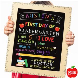 First and Last Day of School Board - First Day of School Sign with Wooden Ruler Frame - 1st Day of Kindergarten Preschool Chalkboard Photo Prop - Back to School Gifts for Kids Girls - 13 x 11 Inch