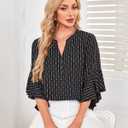 Bebonnie Womens Tops Dressy Casual Ruffle 3/4 Sleeve Henley V Neck Chiffon Blouses with Buttons (Black, XL)