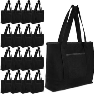 Reginary 16 Pcs Canvas Tote Bags Bulk with Outer Pocket 18 Inch Reusable Shopping Grocery Blank Tote Bag for Women Mother DIY (Black), Large