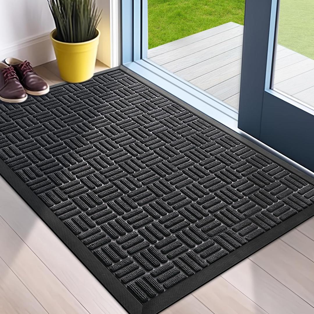 Mibao Front Door Mat, Heavy Duty Durable Welcome Mat for Outdoor Indoor, Dirt Trapper Waterproof Super Absorbent Door Mat for Entryway Outside Patio Porch, 35.5" x 24", Black, 2' x 2'11"