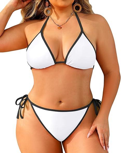 Tempt Me Women Plus Size Triangle Bikini Sets String Two Piece Halter Swimsuits with Tie Side Bottom (12W)